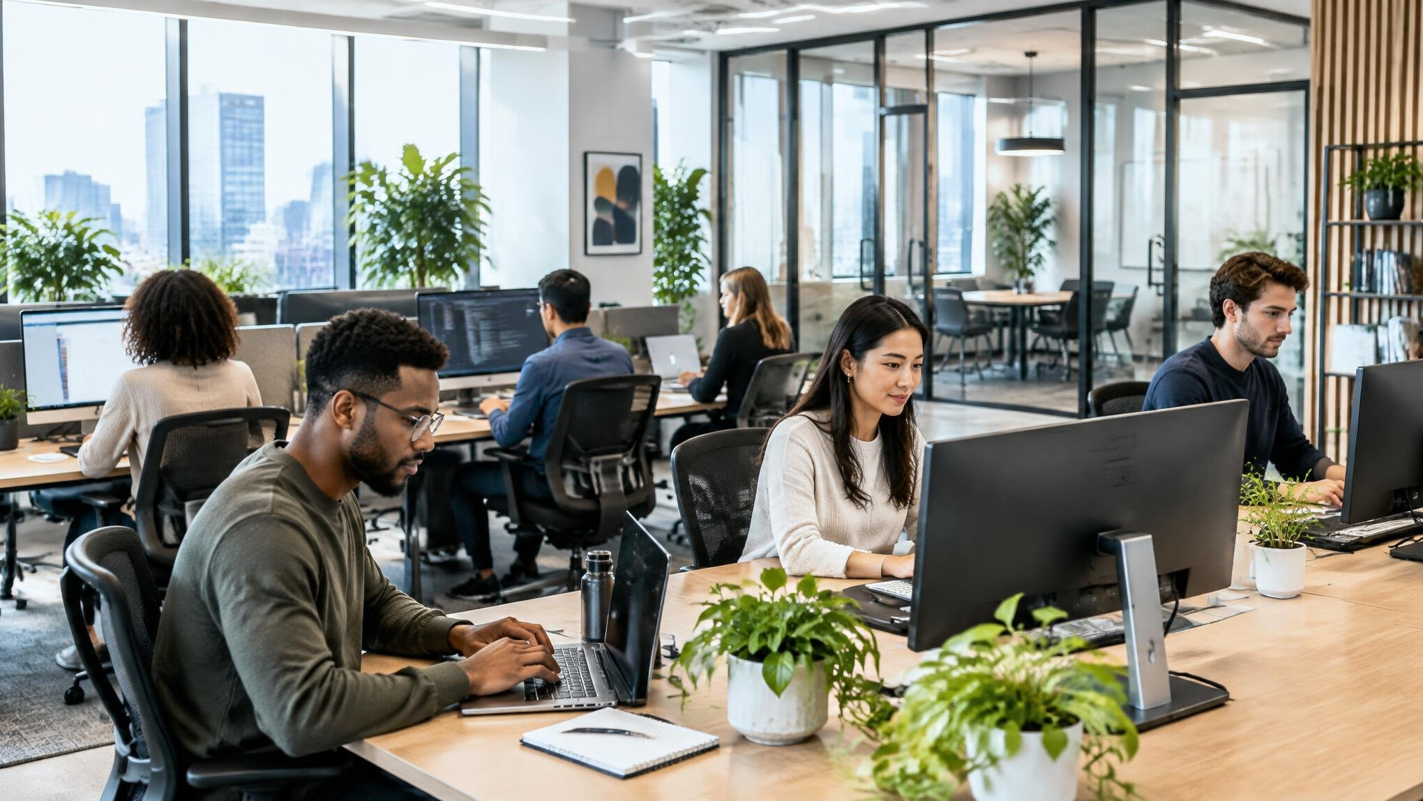 Modern open office space with people working