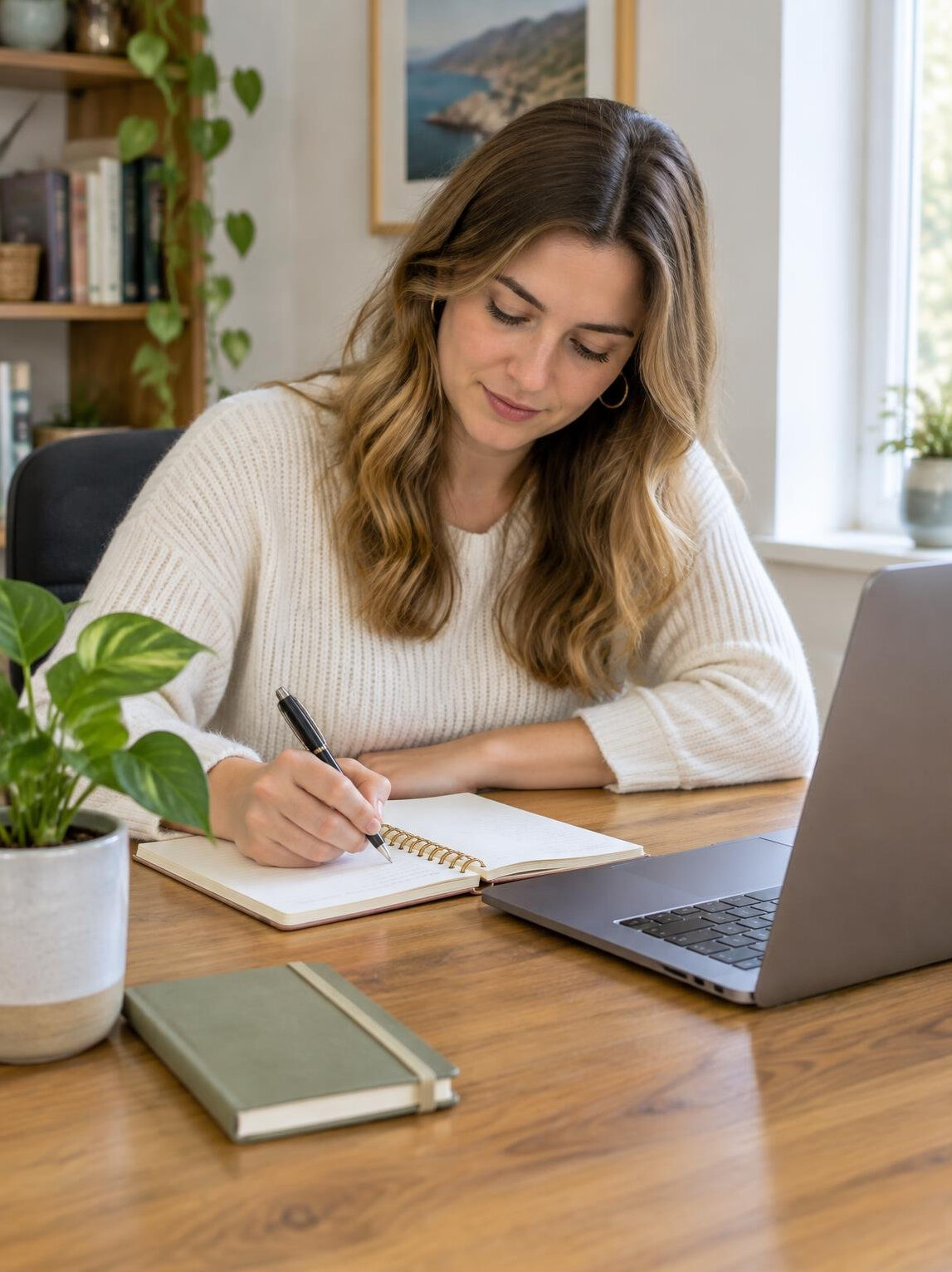 Woman writing notes at a desk with a laptop
