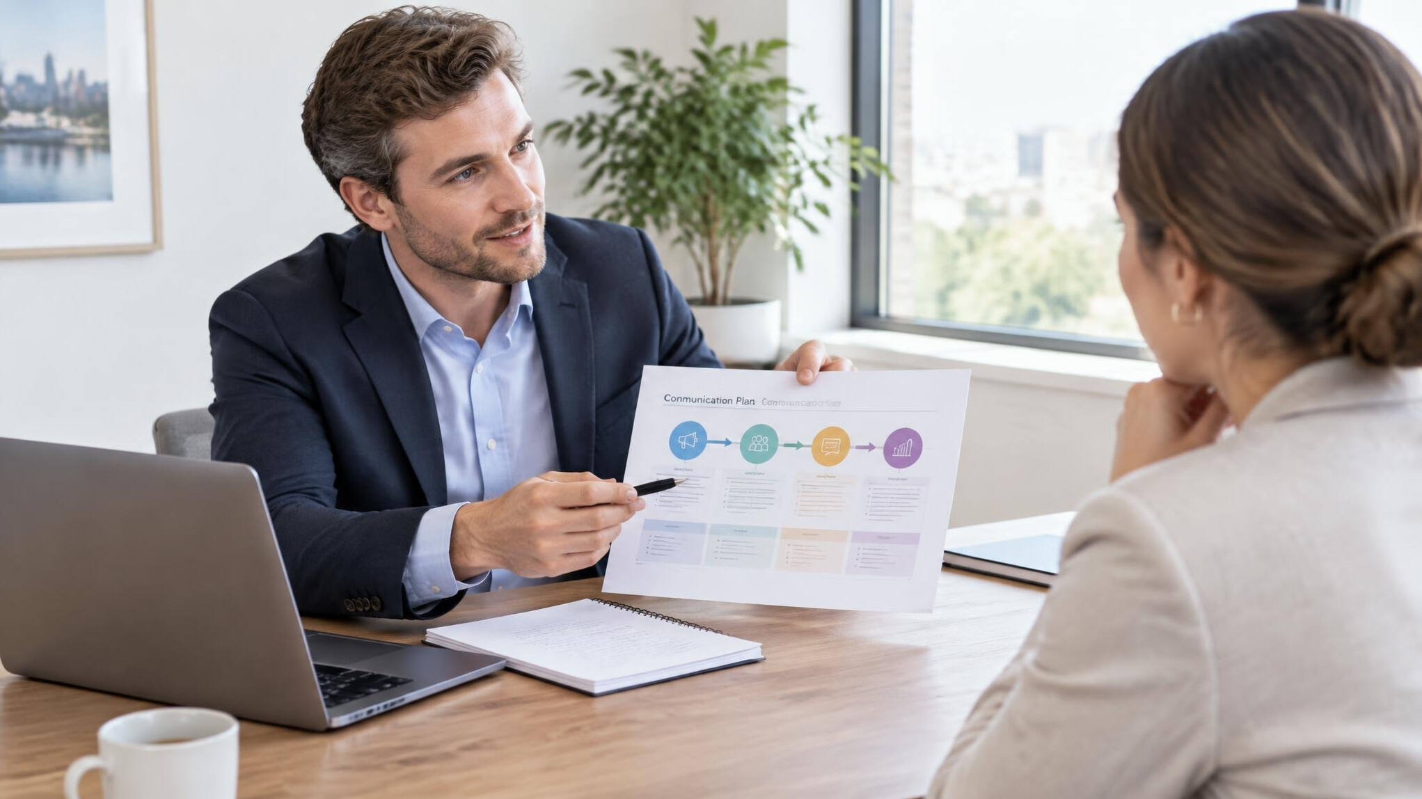 Consultant presenting a communication plan to a client
