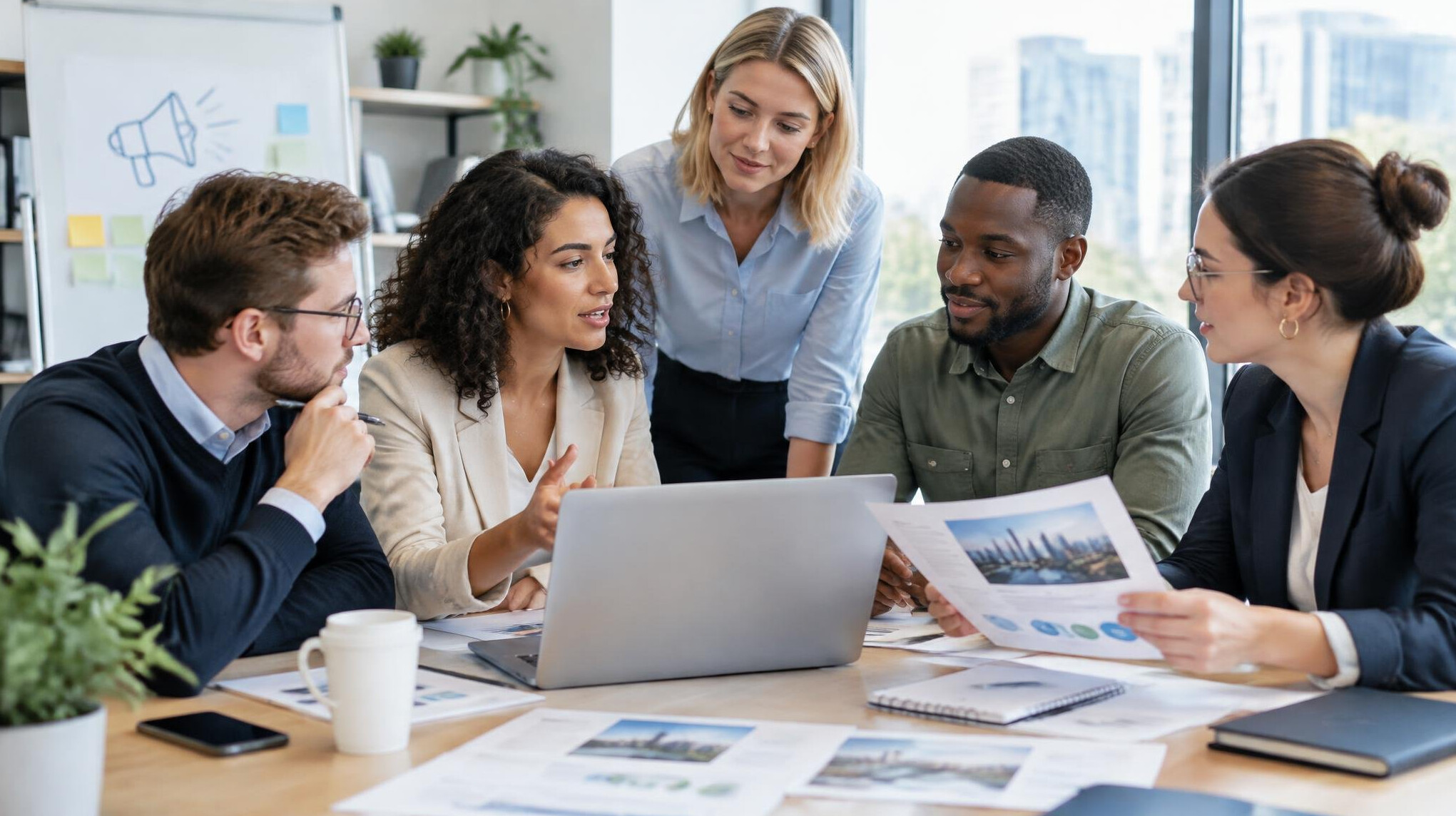 Team of communication professionals discussing a media strategy in a modern office
